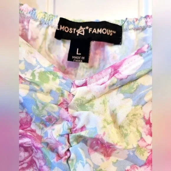 Almost Famous Women's Junior Blouse, Large, Puff Sleeve Pastel Rose Pink Blue - Picture 6 of 16